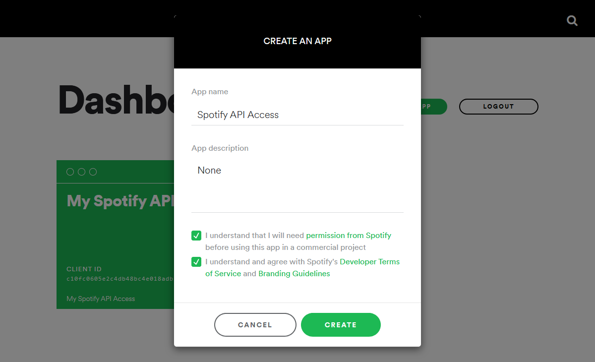 Spotify API Dashboard - Create App